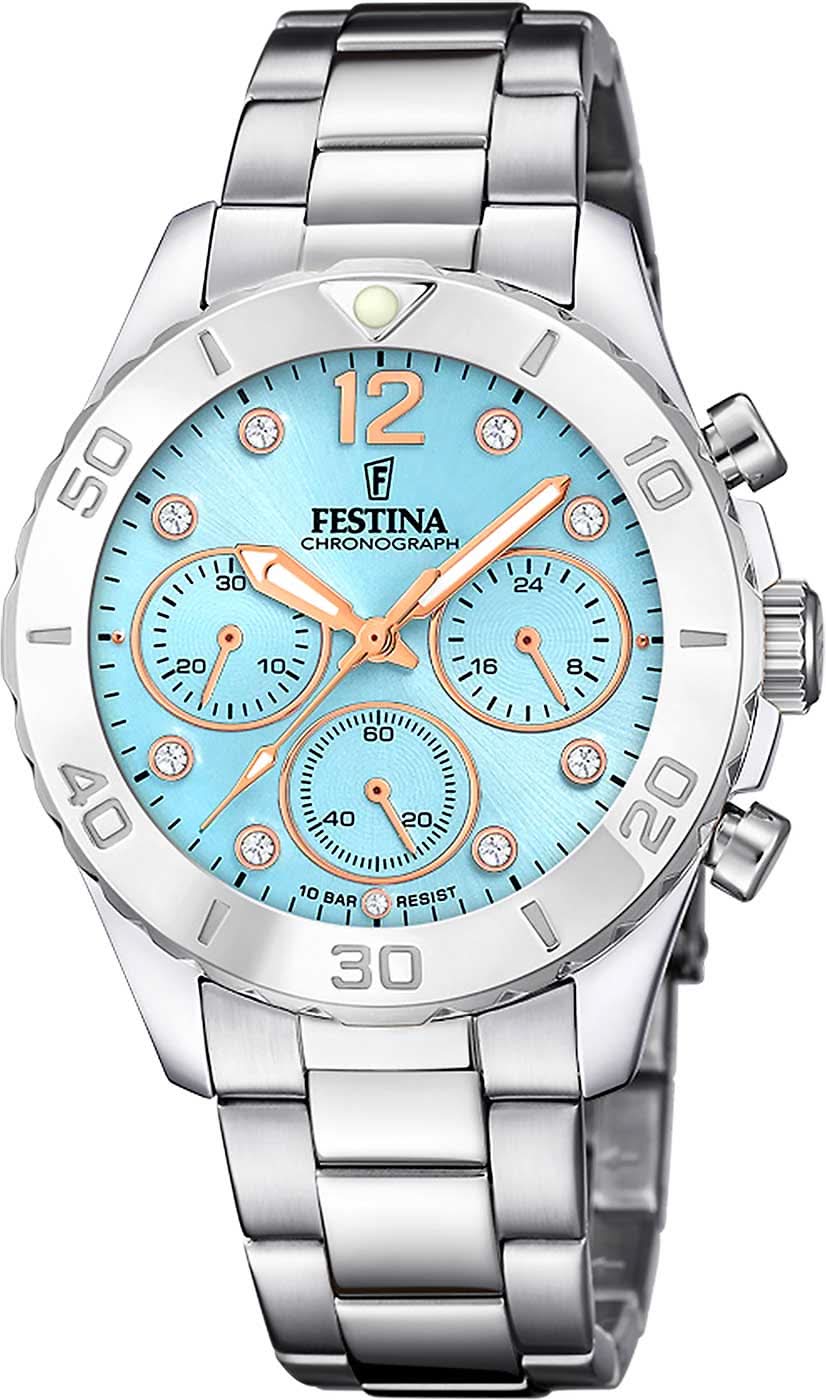 Damklocka från Festina med armband i rostfritt stål, blå urtavla och kronografvisning