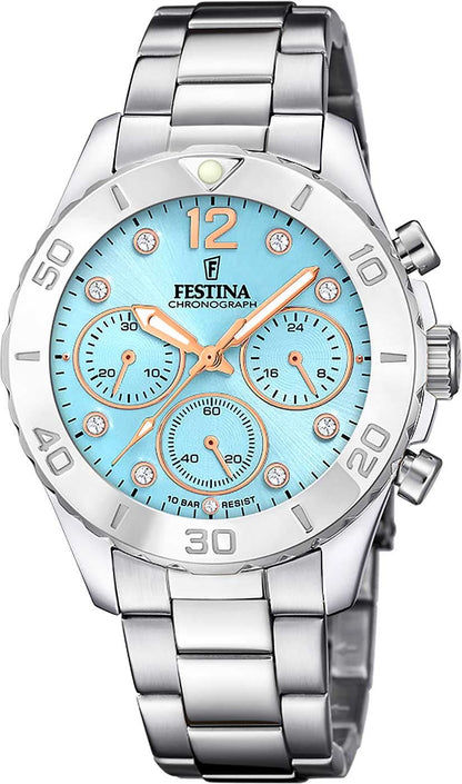 Damklocka från Festina med armband i rostfritt stål, blå urtavla och kronografvisning