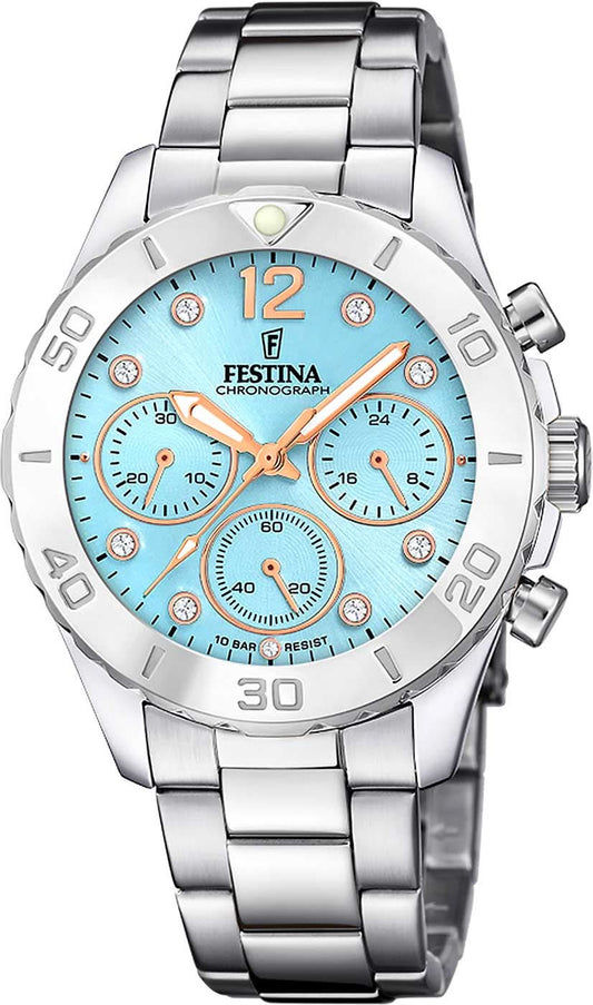 Damklocka från Festina med armband i rostfritt stål, blå urtavla och kronografvisning