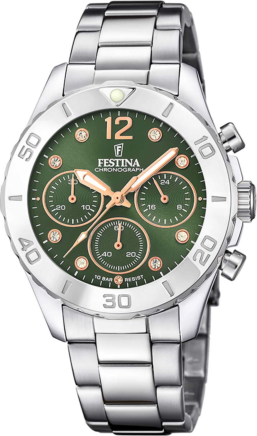 Festina damklocka med grön urtavla, armband i rostfritt stål och kronografdetaljer