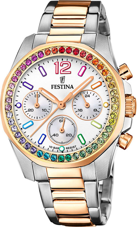 Festina damklocka med tvåfärgat rostfritt stålband, regnbågsfärgade zirkonia-infattningar och urtavla