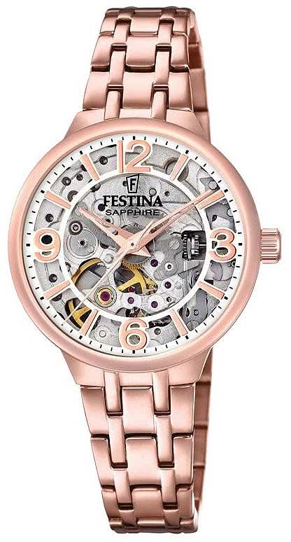 Festina herrklocka med skeletturtavla, safirglas, roséguldpläterat metallband och öppen urtavla