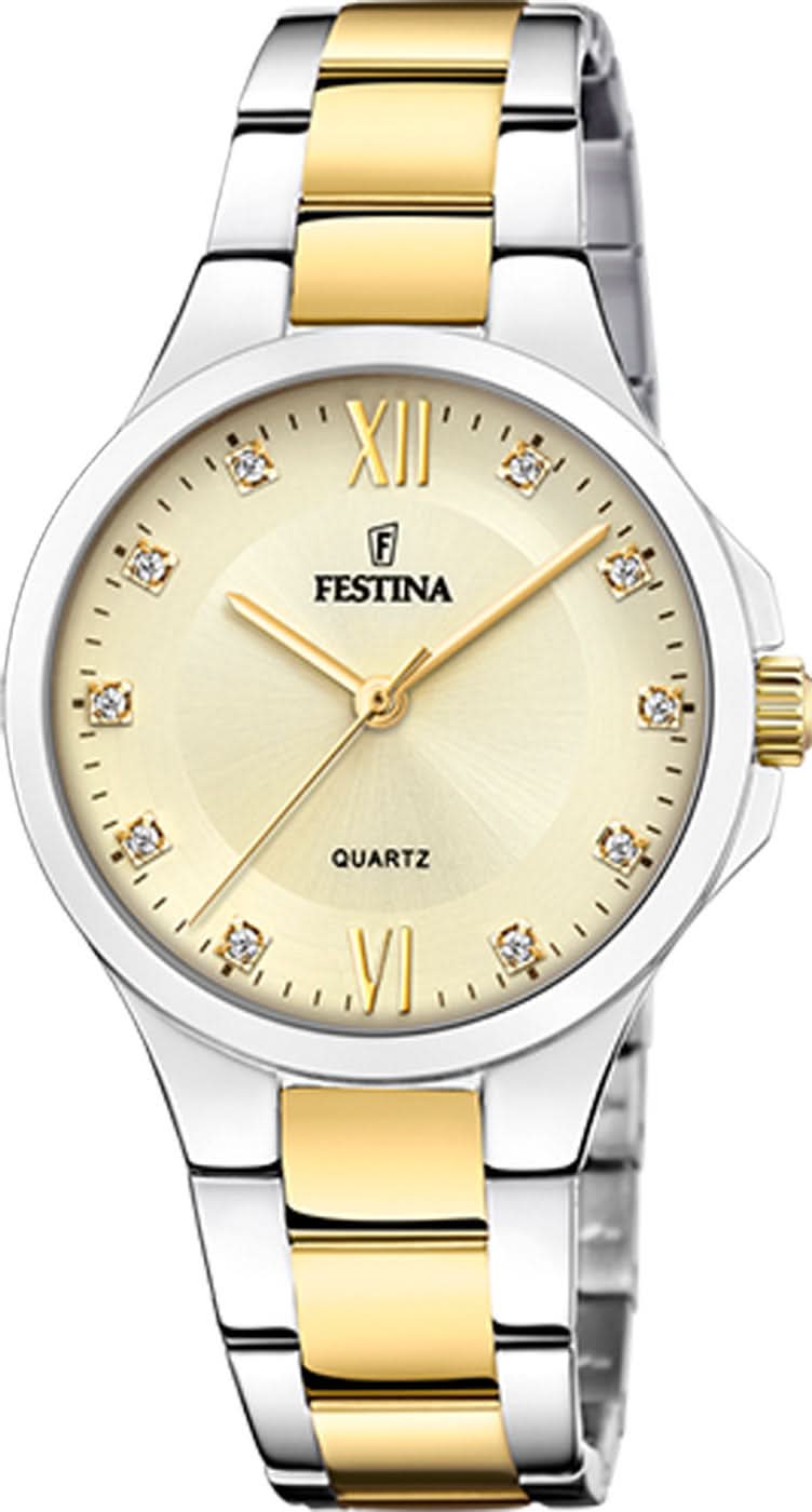 Damklocka med beige urtavla, bicolor armband i rostfritt stål, gulddetaljer och kristallindex