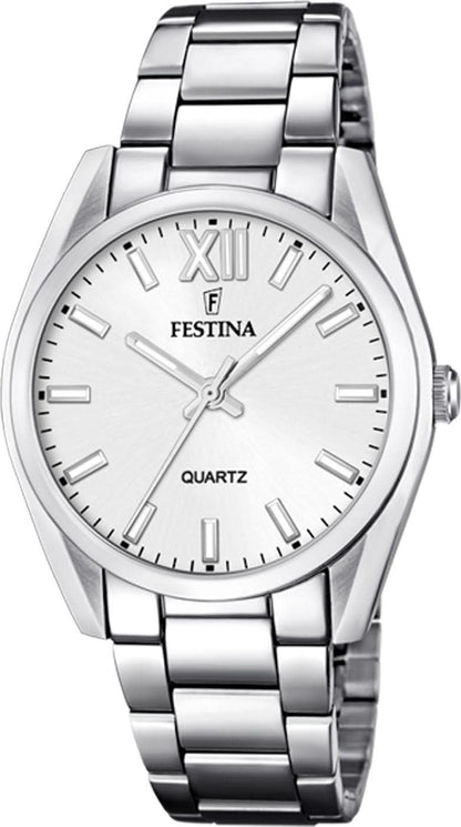 Festina damklocka i rostfritt stål med silverfärgad urtavla, romerska siffror och index