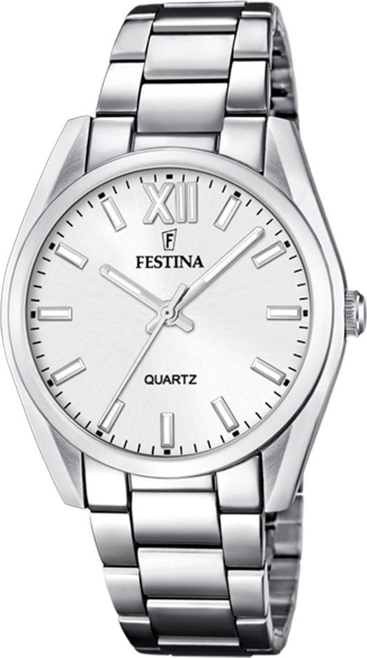 Festina damklocka i rostfritt stål med silverfärgad urtavla, romerska siffror och index