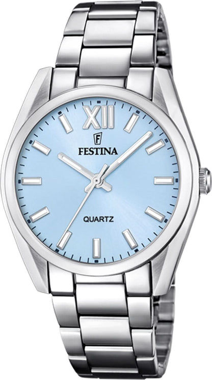 Festina damklocka med blå urtavla och armband i rostfritt stål, romerska siffror, kvartsurverk