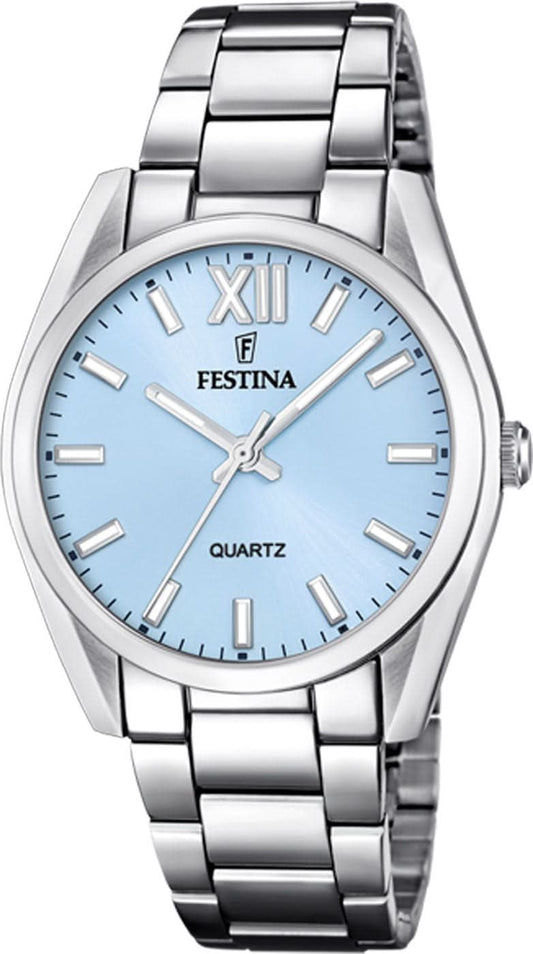 Festina damklocka med blå urtavla och armband i rostfritt stål, romerska siffror, kvartsurverk