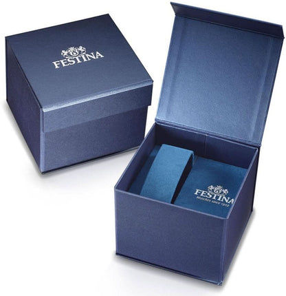 Klocklåda och fodral med Festina-logotyp, blå kartongset