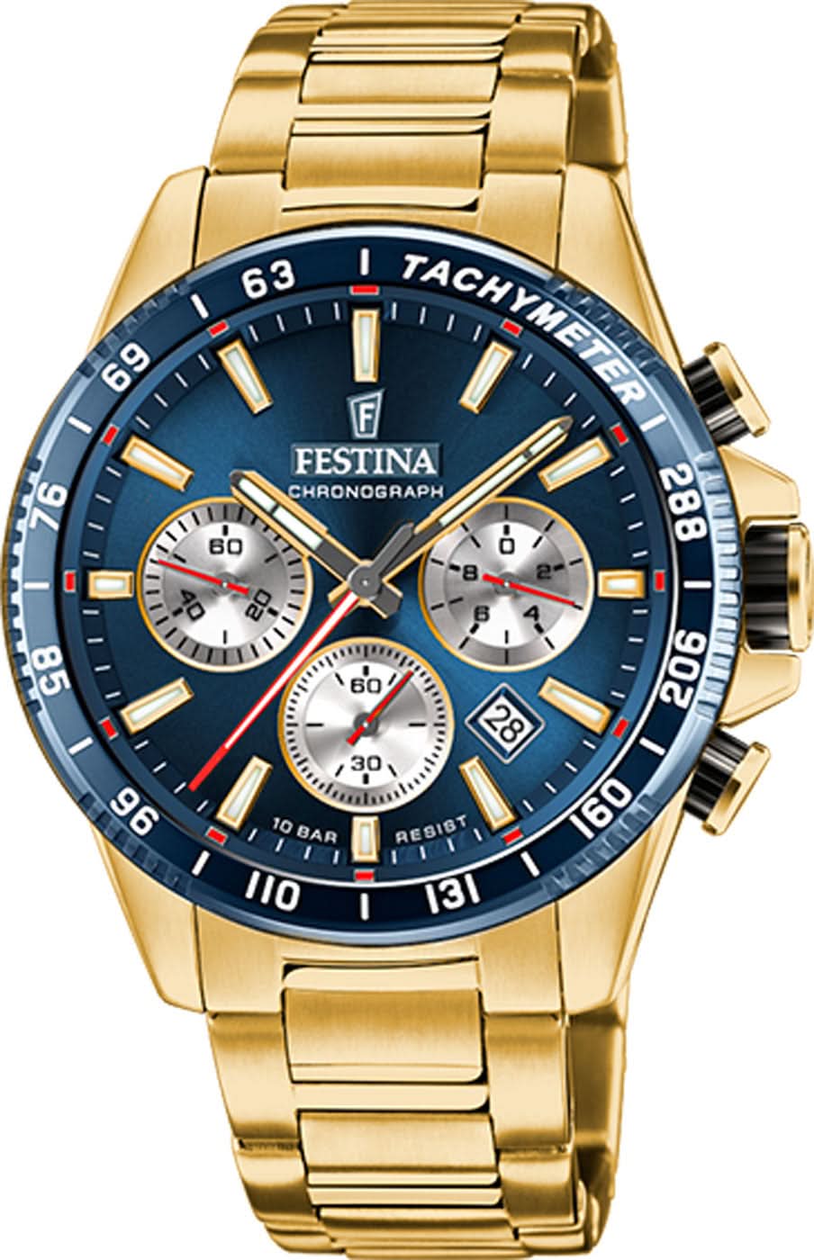 Festina herrur med guldfärgat metallarmband, blå kronografurtavla