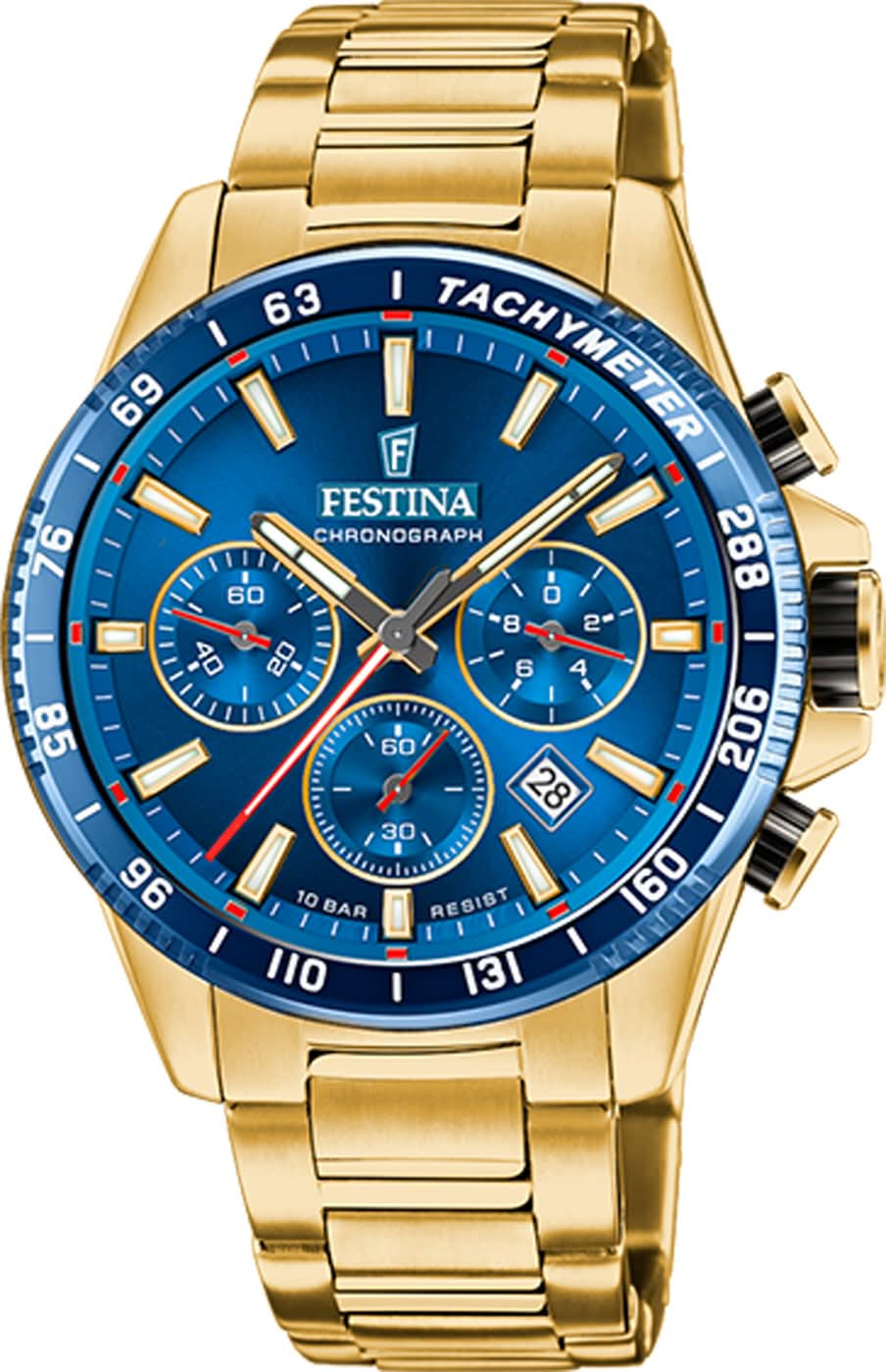 Festina kronograf med blå urtavla och guldfärgat armband