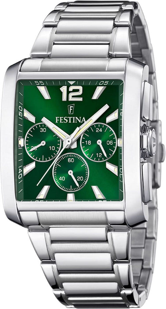 Festina herrklocka kronograf med grön urtavla och armband i rostfritt stål