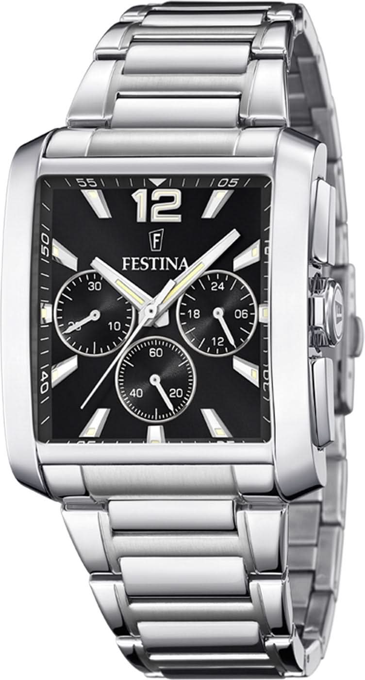 Festina Chronograph herrklocka, rostfritt stålarmband, svart urtavla