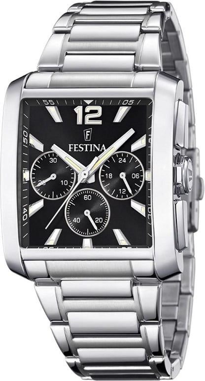 Festina Chronograph herrklocka, rostfritt stålarmband, svart urtavla