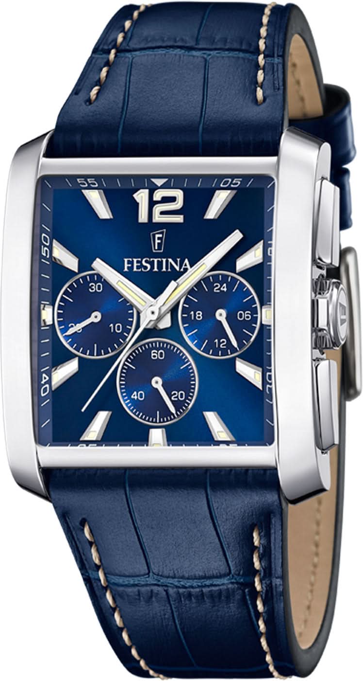 Festina herrklocka med kvadratisk boett i rostfritt stål, blå urtavla och läderarmband