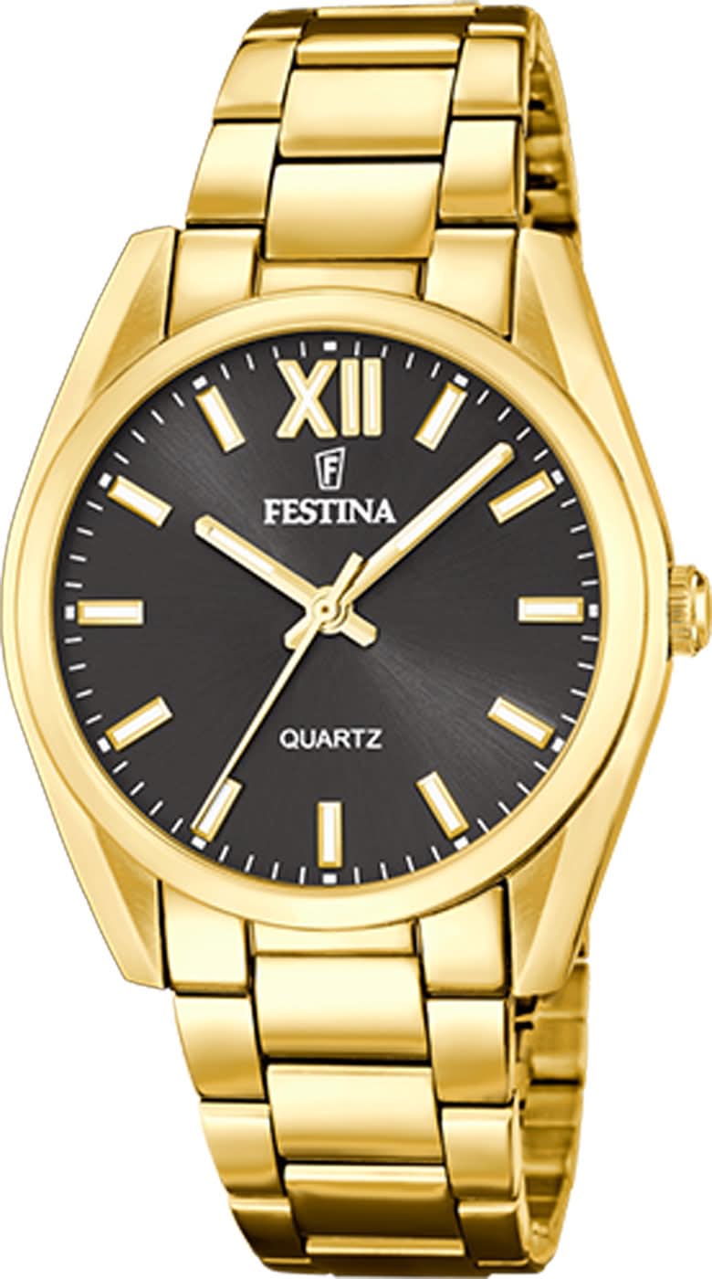 Festina herrarmbandsur med guldfärgat rostfritt stålhölje, svart urtavla och romerska siffror
