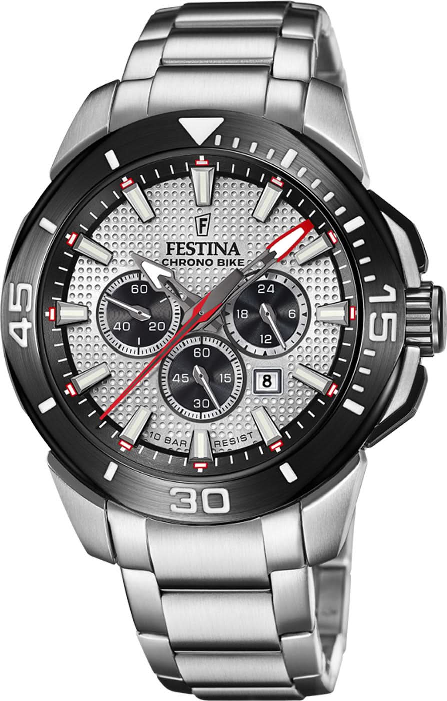 Festina herrklocka med kronograf, silverfärgat rostfritt stålarmband och svart urtavla
