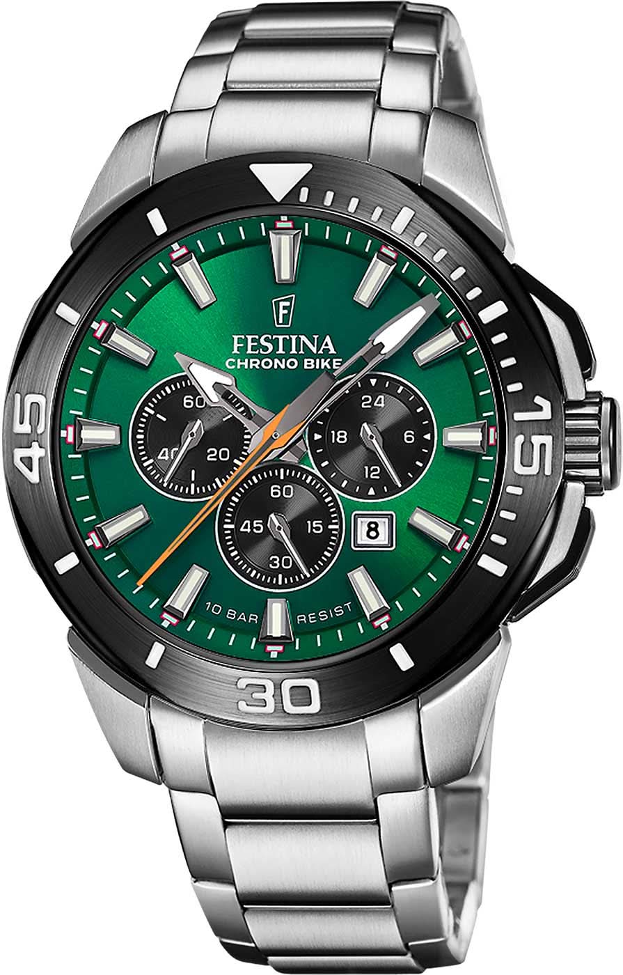 Festina Chrono Bike herrklocka med grön urtavla, sportig kronograf och rostfritt stålarmband.