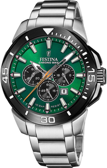 Festina Chrono Bike herrklocka med grön urtavla, sportig kronograf och rostfritt stålarmband.