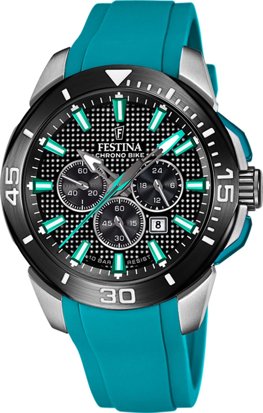 Festina herrklocka, sportkronograf, svart urtavla, turkost silikonarmband