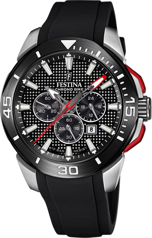 Festina Chrono Bike herrklocka, svart urtavla, röda kronografvisare, svart silikonarmband
