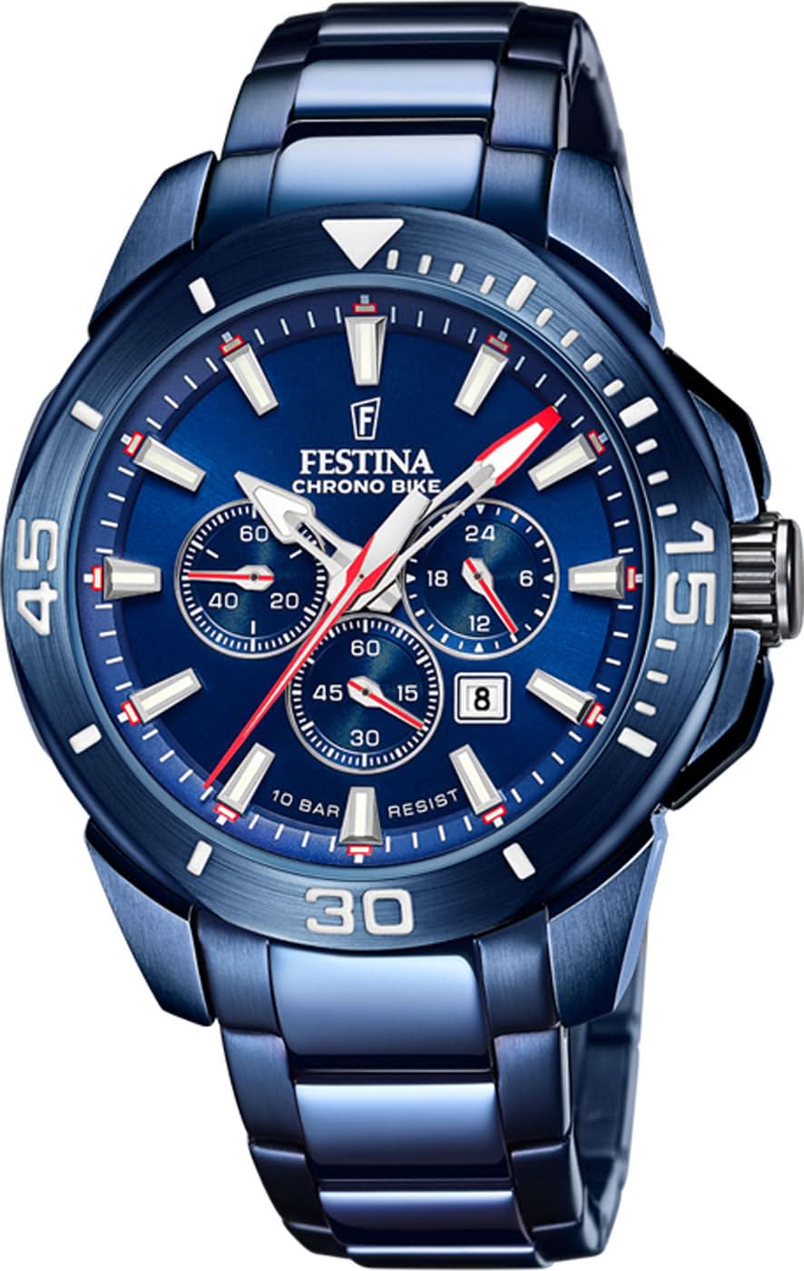 Festina Chrono Bike herrur med blå urtavla och blått metallarmband