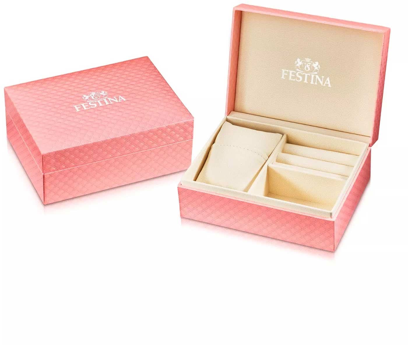 Festina klocklåda i rosa kartong med öppet fack och logotyp