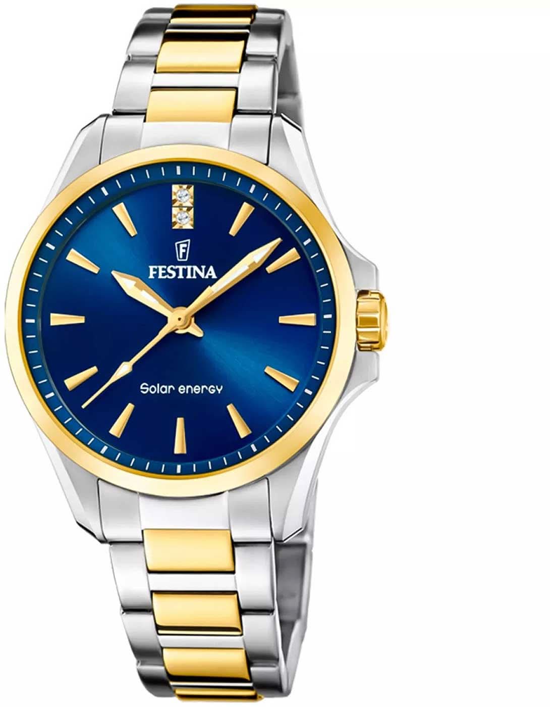 Festina soldamklocka med blå urtavla, tvåfärgat armband i rostfritt stål och guldfärgade accenter