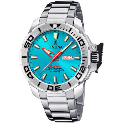 Zegarek męski Festina Diver: turkusowa tarcza, czarny pierścień lunety, stalowa bransoleta
