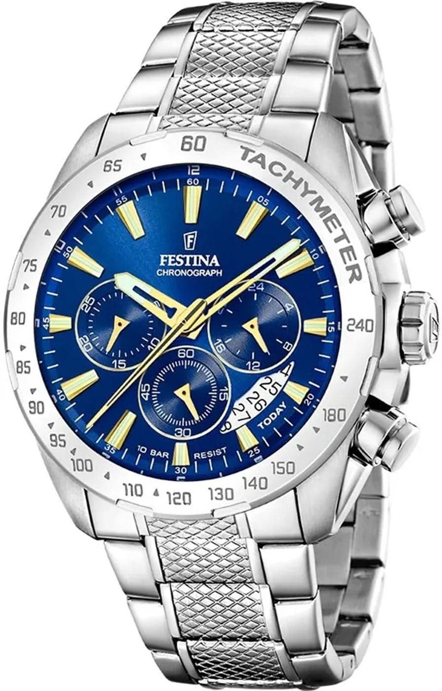 Festina Chronograph herrklocka, armband i rostfritt stål, blå urtavla, tachymeter.