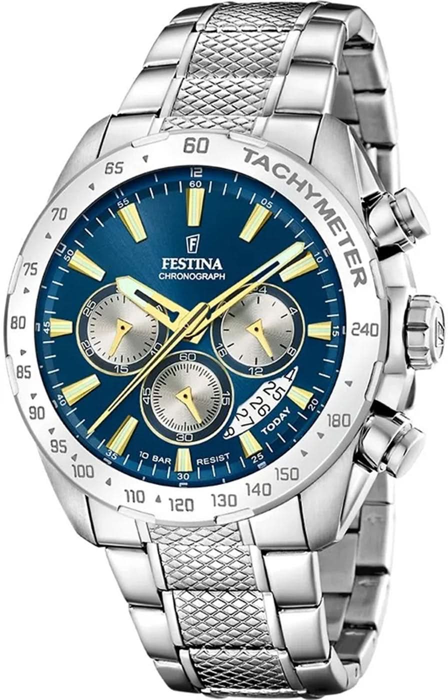Festina herrklocka med rostfritt stålarmband, blå urtavla och kronografdetaljer