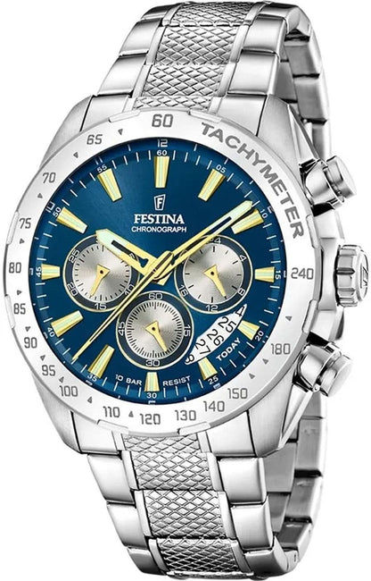 Festina herrklocka med rostfritt stålarmband, blå urtavla och kronografdetaljer