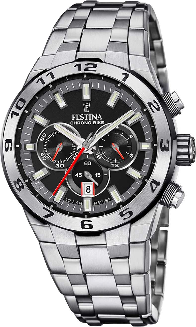 Festina kronograf för herrar med armband i rostfritt stål och rund svart urtavla.