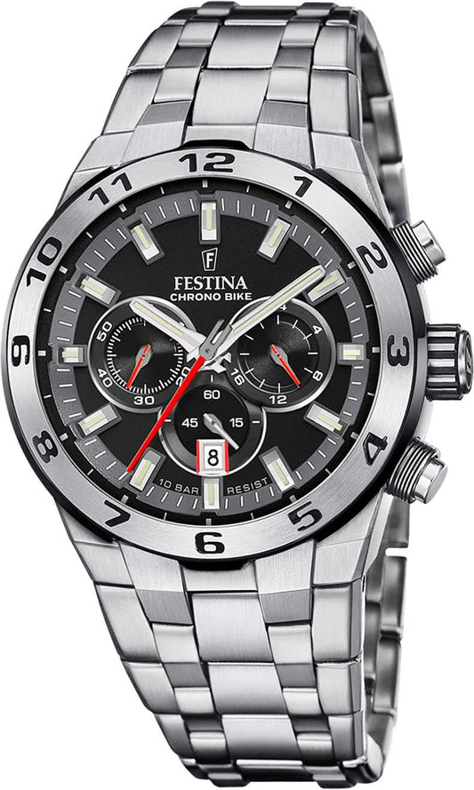 Festina kronograf för herrar med armband i rostfritt stål och rund svart urtavla.