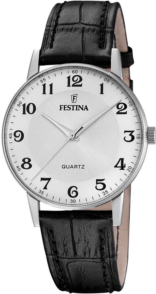 Festina herrklocka med boett i silver, svart läderarmband och vit urtavla