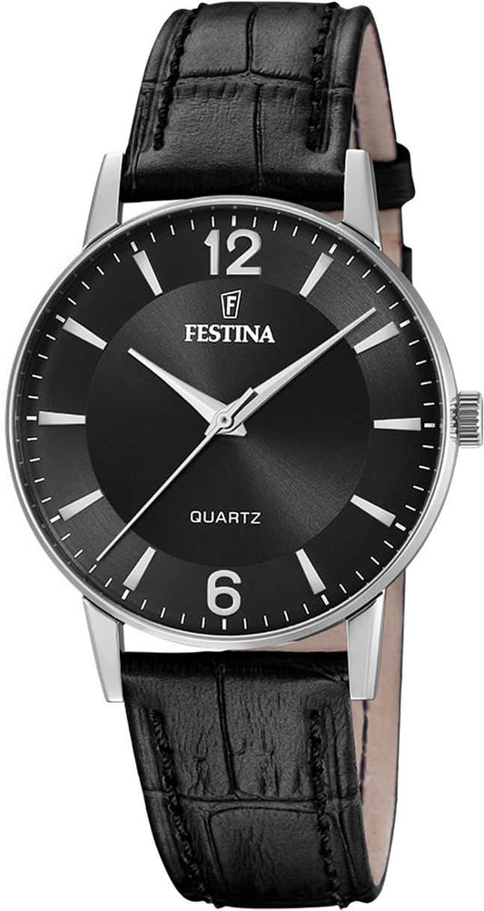 Festina herrklocka med svart urtavla och svart läderarmband, rund boett