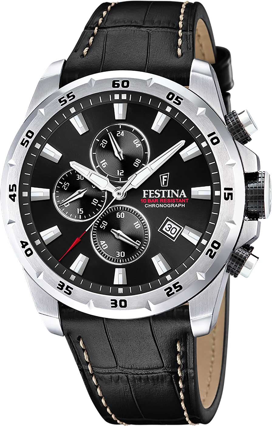 Festina kronografklocka med svart urtavla och läderarmband