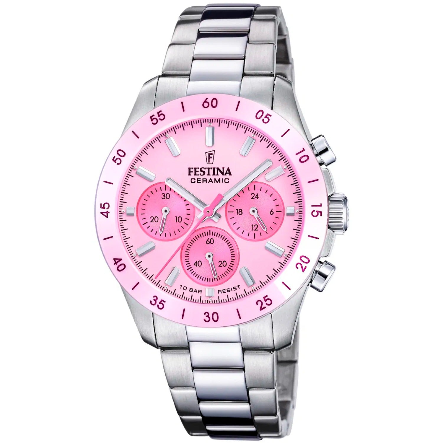 Unisex-chronograf z różową tarczą i trzema licznikami, srebrna bransoleta