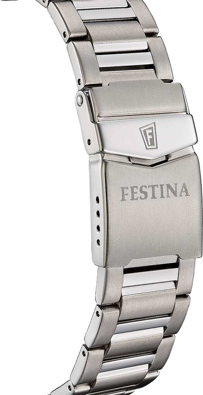 Festina herrarmbandsur med metallboett och prägling, sidoknappar