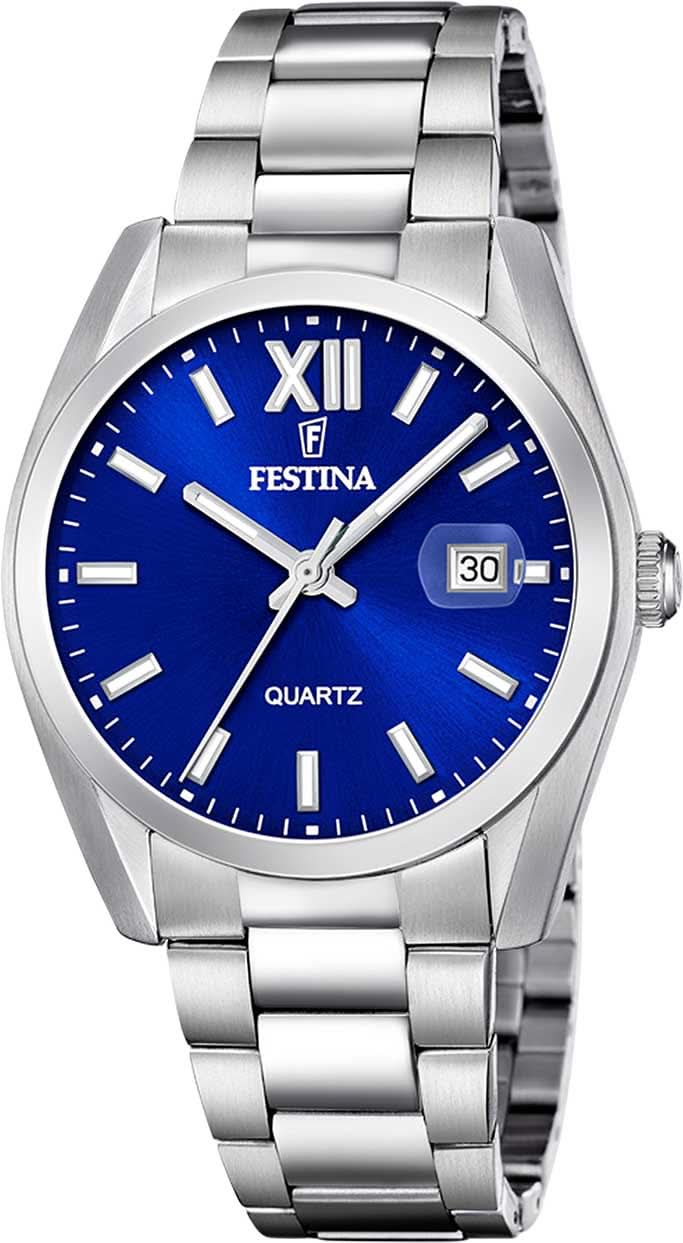 Herrklocka med blå urtavla, armband i rostfritt stål och datumvisning vid kl. 3