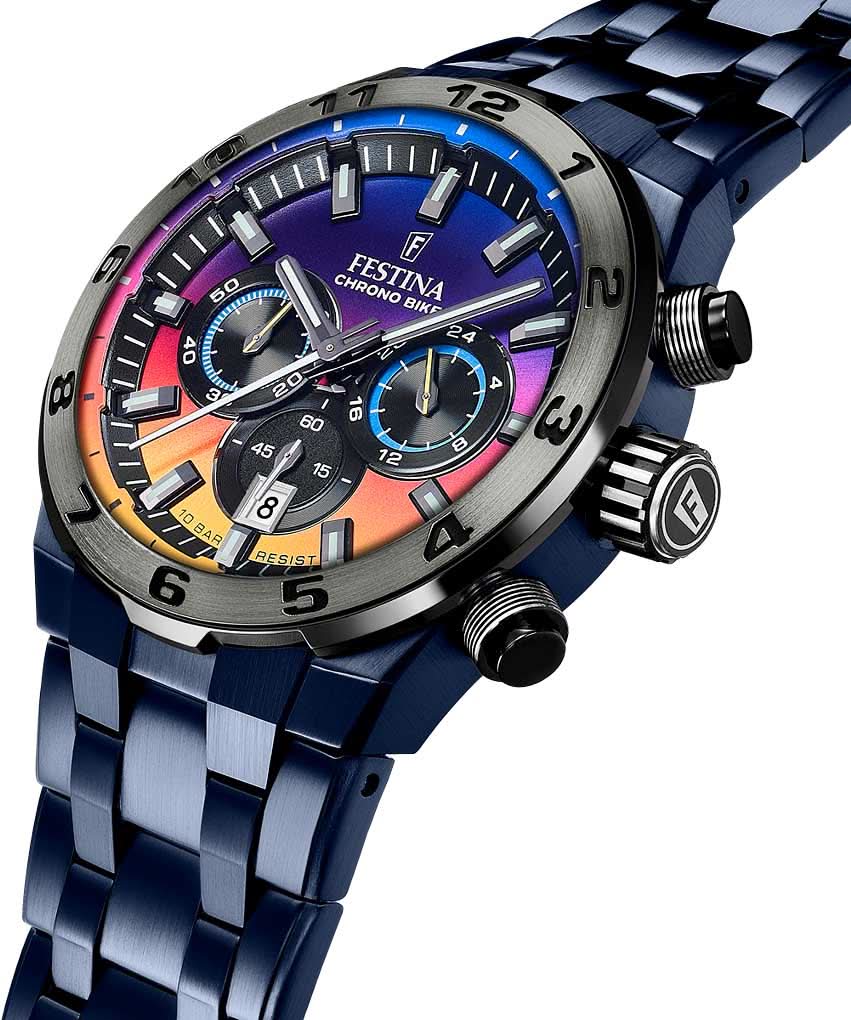 Festina Chrono-herrur: blå urtavla med kronografmätare och färgglada accenter