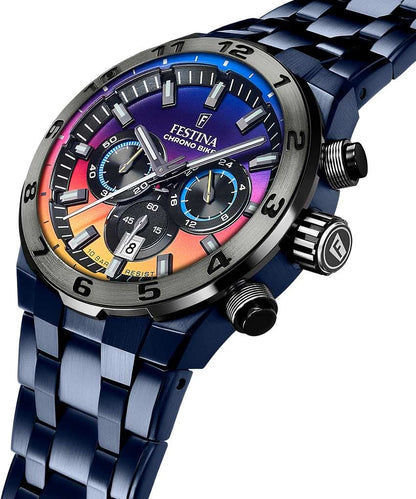 Festina Chrono-herrur: blå urtavla med kronografmätare och färgglada accenter