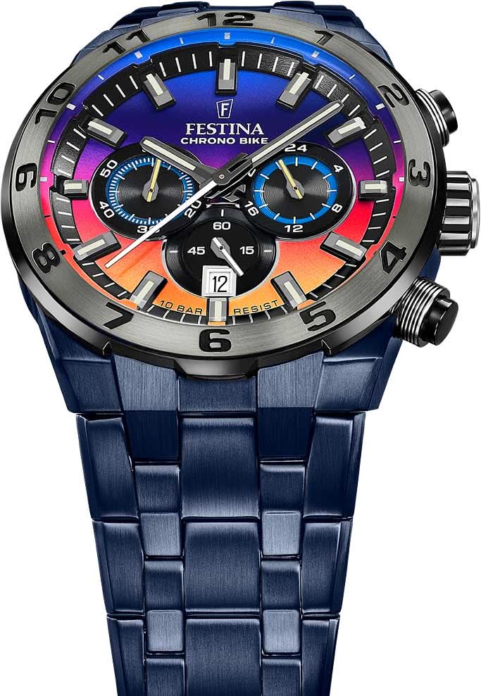 Festina Chrono-herrur med metallboett, blå urtavla och kronograf funktioner