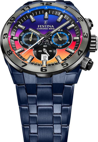 Festina Chrono-herrur med metallboett, blå urtavla och kronograf funktioner