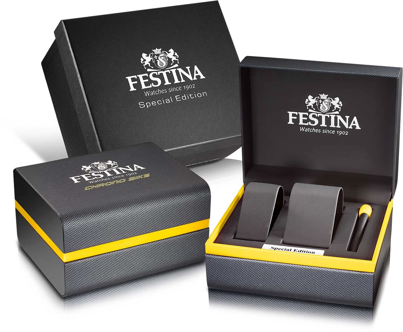 Festina presentboxar och klocklåda set med gul accent och märkeslogotyp