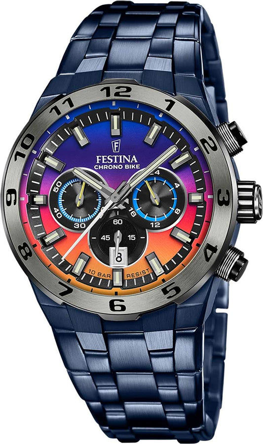 Festina Chrono-herrur med mörkblått armband och blå urtavla