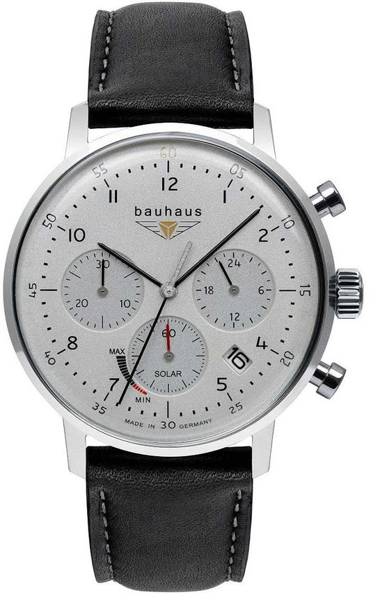 Herrarnas solcellsdrivna kronograf med silverfärgat hölje, svart läderarmband och beige urtavla