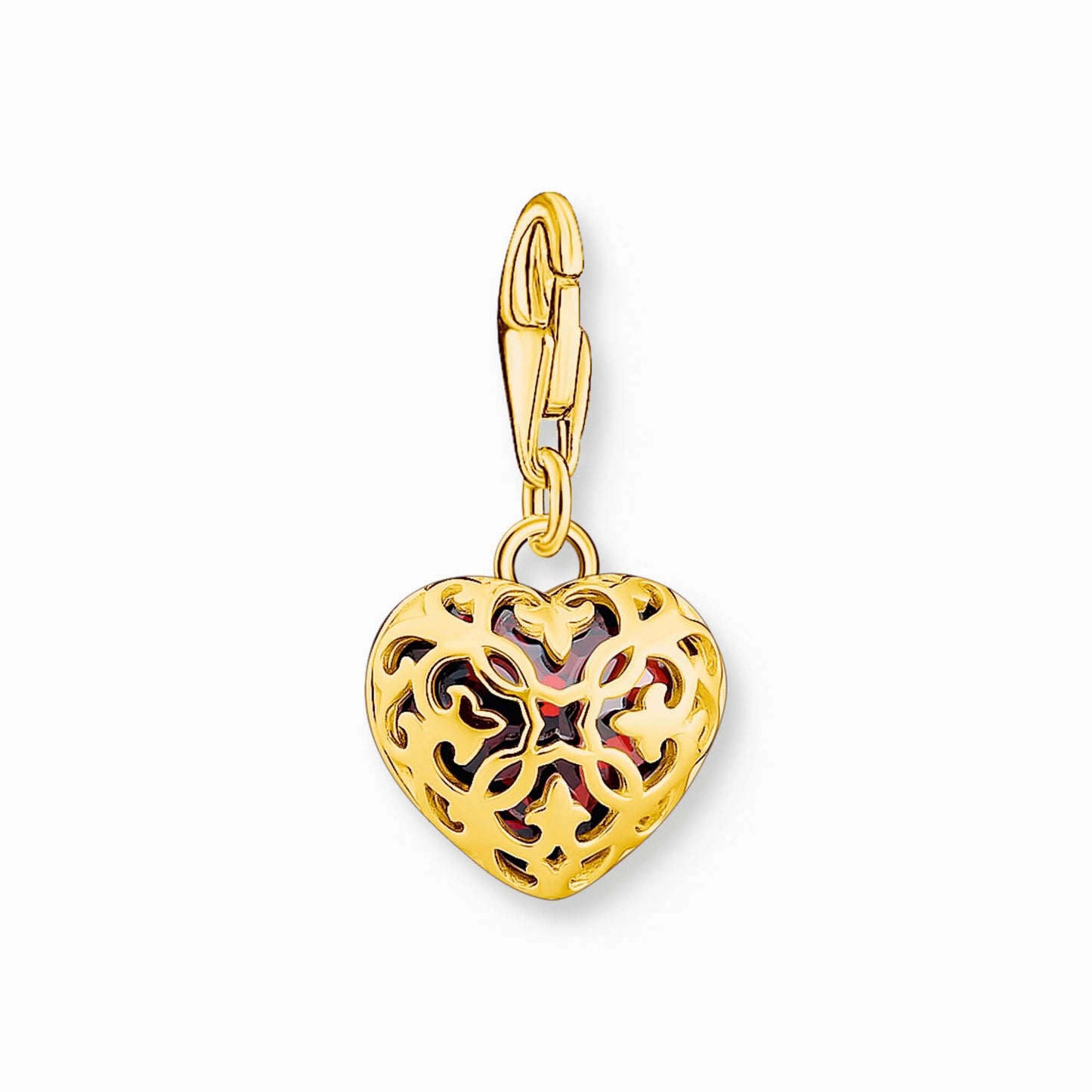 Hjärtformat hänge i guldfärg med röd zirkon och filigranmönster, 18k guldpläterad