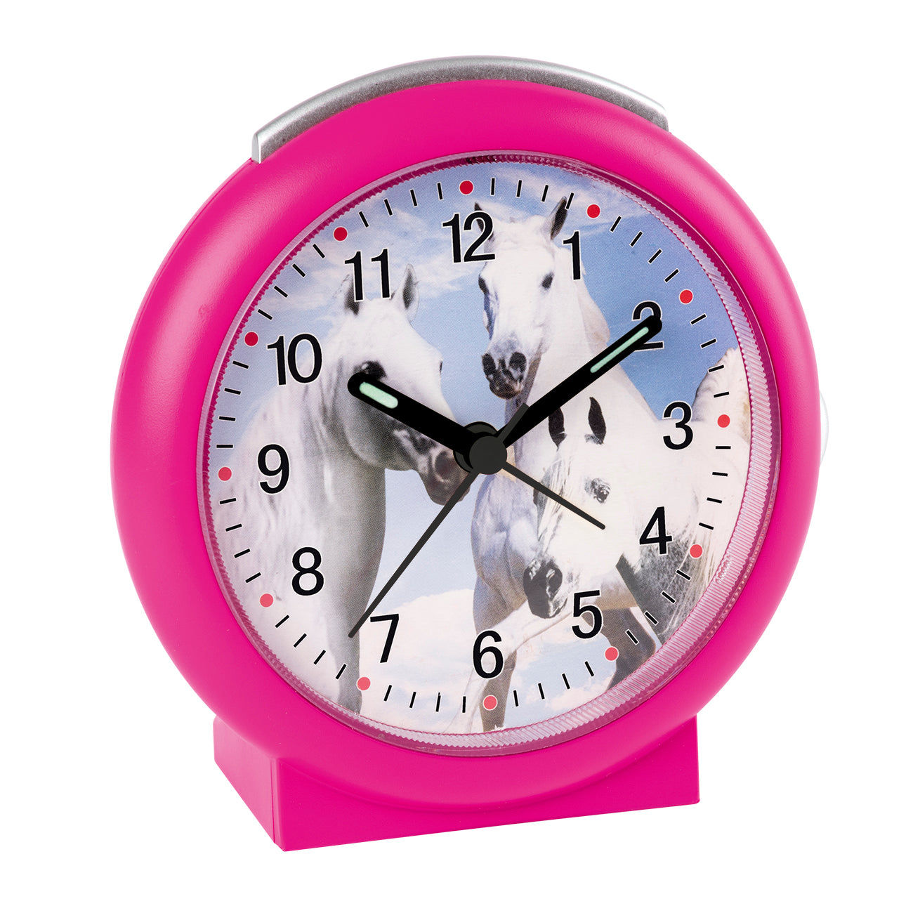 Rosa väckarklocka med analog urtavla och hästmotiv, svarta visare