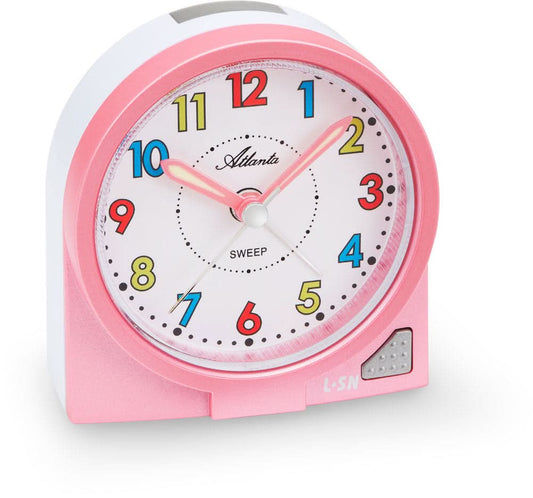 Rosa barnväckarklocka med analog urtavla och snoozeknapp, plasthölje