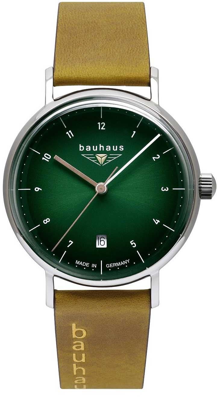 Bauhaus Classic Unisexklocka med grön urtavla, beige läderband och silverfärgat hölje